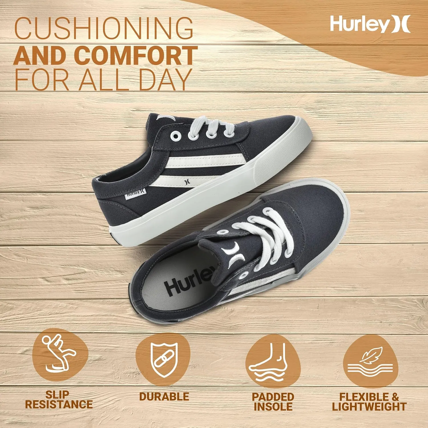 Hurley Boardy Kids Lace Up Canvas Sneakers  Low Cut Skateboarding Shoes for Kids, Sports Shoes for Boys and Girls