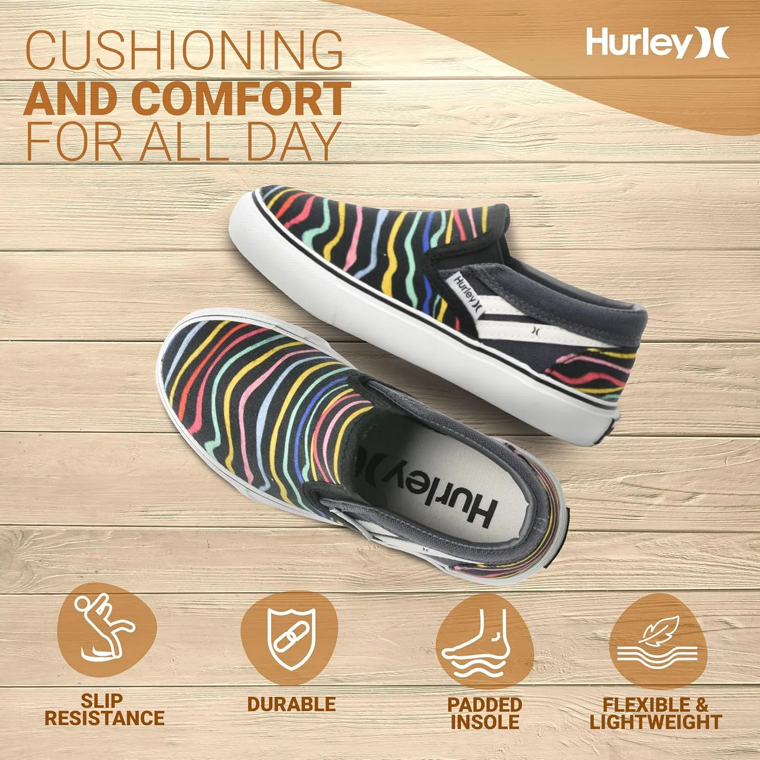 Hurley Kids Canvas Slip On Sneakers  Low Cut Skateboarding Shoes for Kids, Sports Shoes for Boys and Girls, Casual Sneakers