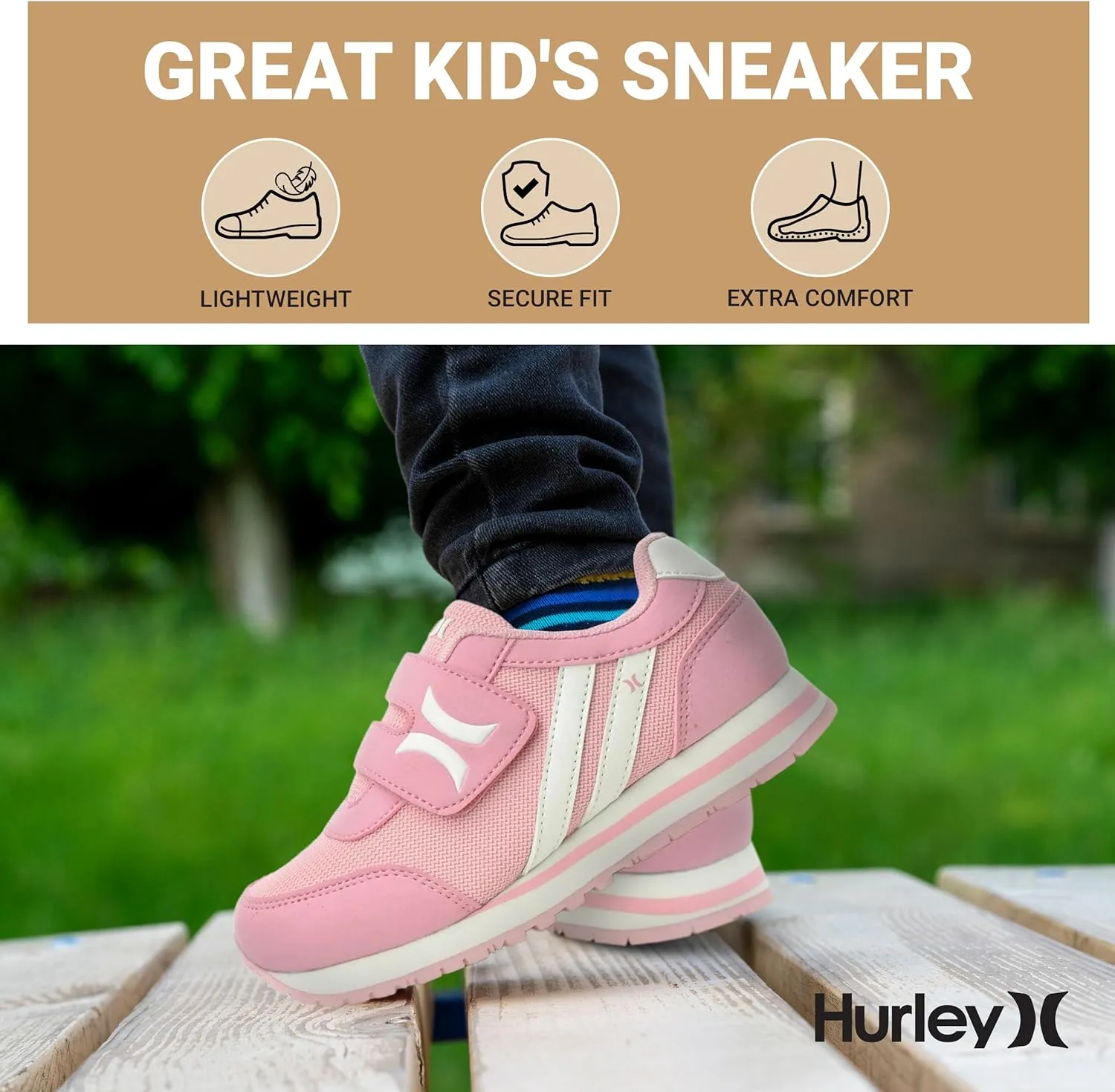 Hurley Kid's Knox Walking Sneakers - Kid's Runner Shoes with Hook & Loop Closure for Easy Wear, Lightweight Running & Walking Shoes for Boys & Girls, Toddler Kid's Sneaker Shoes