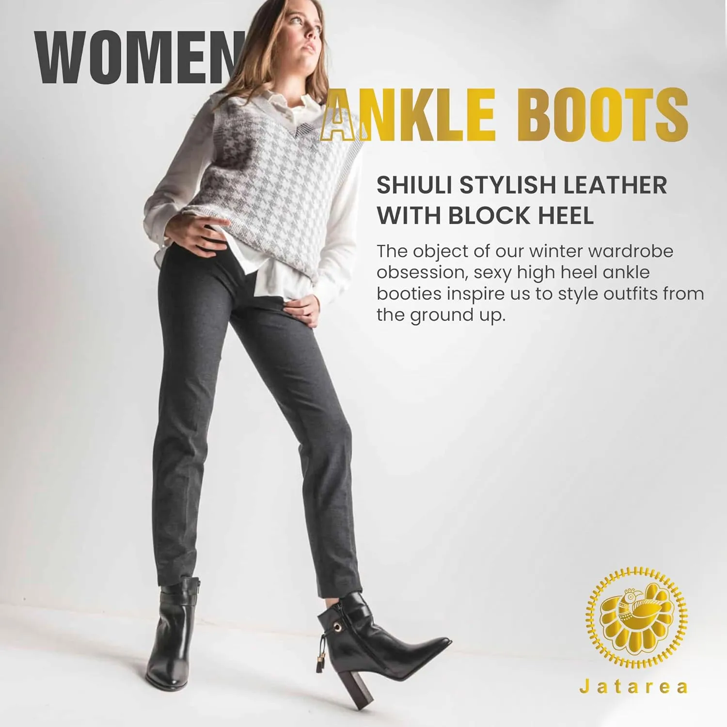 JATAREA Ankle Boots for Women - Stylish Leather with Block Heel - Comfortable & Easy Wear Womens Bootie - Cushioned Insole for Comfort - Fashionable and Versatile Design - SHIULI