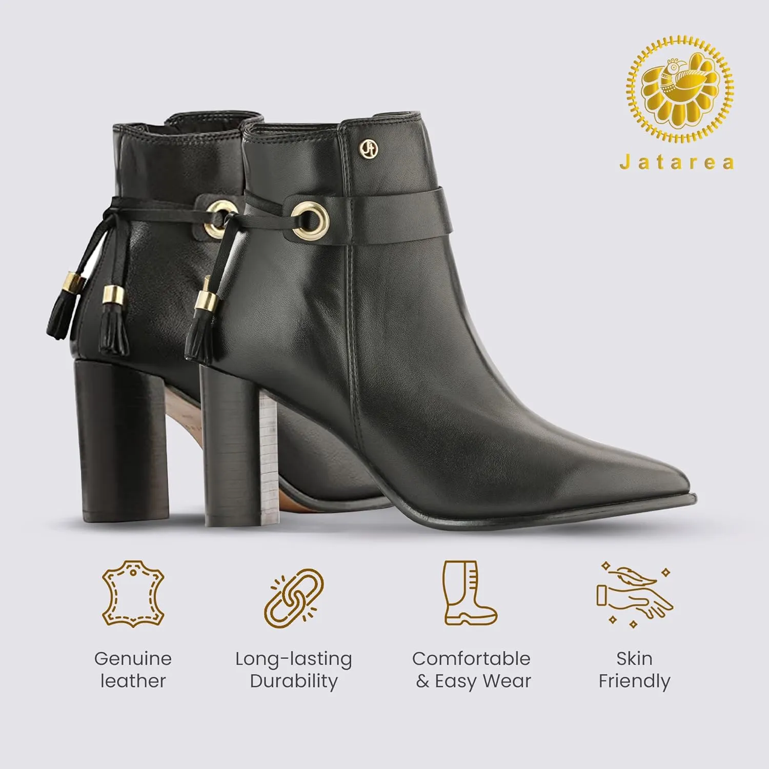 JATAREA Ankle Boots for Women - Stylish Leather with Block Heel - Comfortable & Easy Wear Womens Bootie - Cushioned Insole for Comfort - Fashionable and Versatile Design - SHIULI
