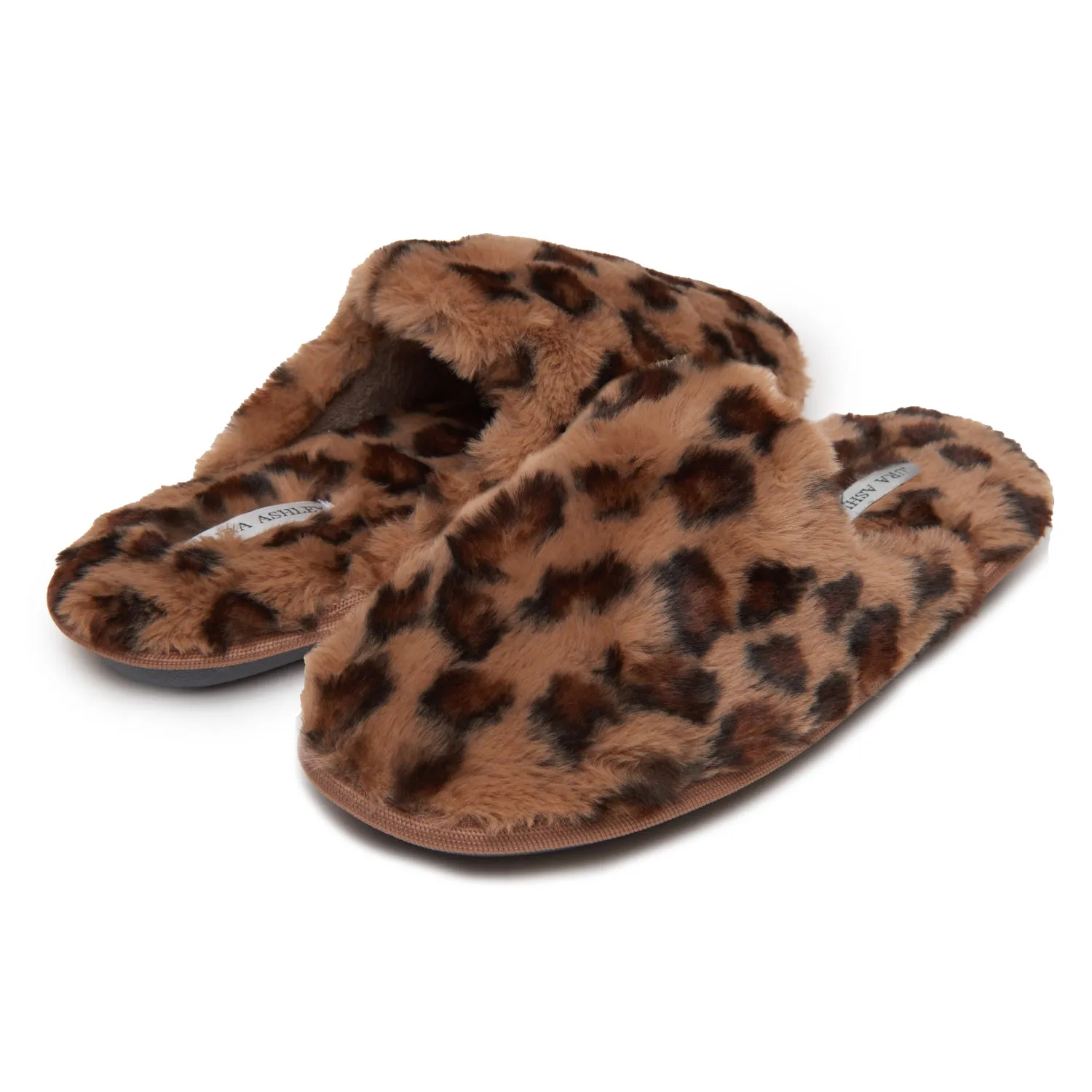 Laura Ashley Scuff Slippers, Plush Animal Print Slip-Ons for Women with Memory Foam Insole