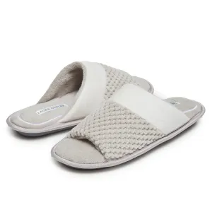 Laura Ashley Spa Texture Open Toe Plush Fleece House Slippers with Collar and Memory Foam, Ladies Easy Slip on Soft Cozy Warm Indoor Outdoor Use