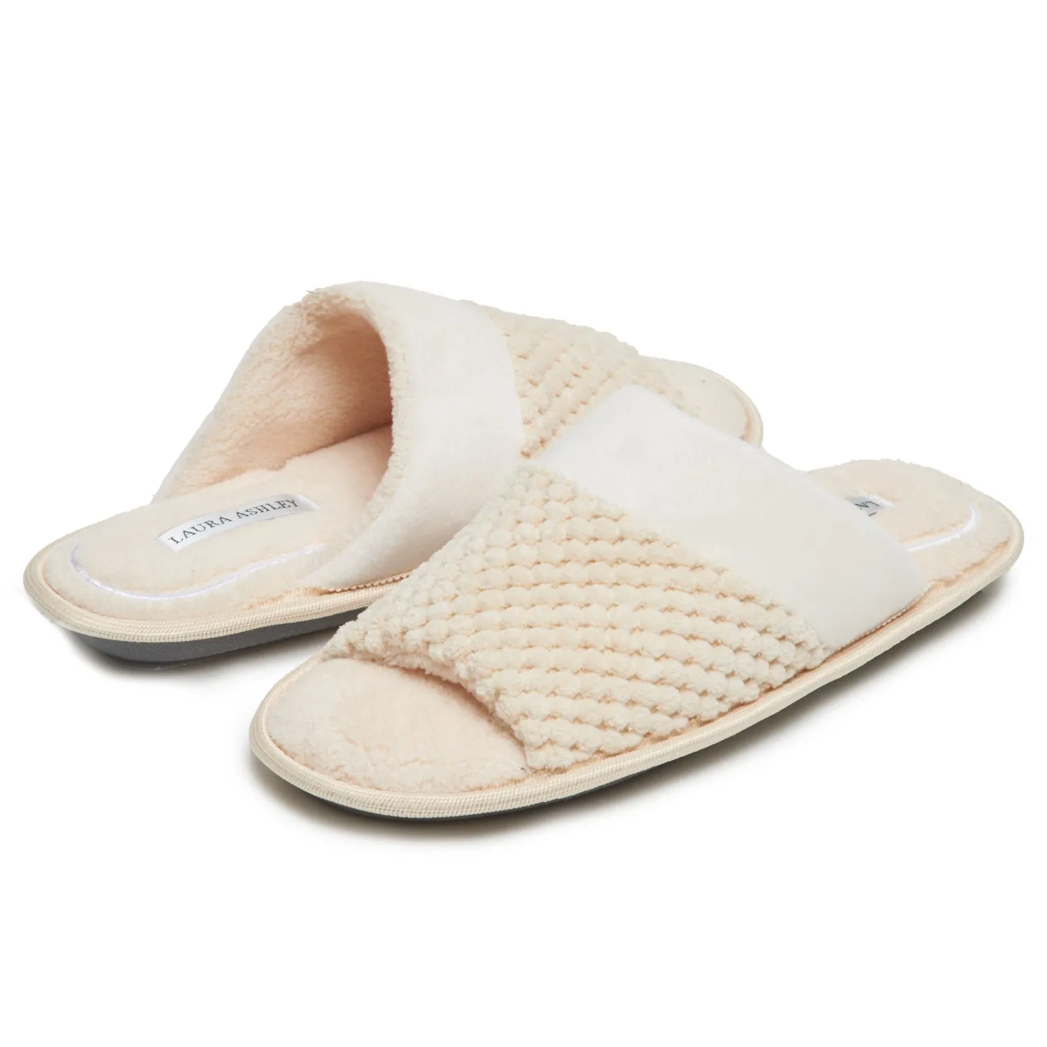 Laura Ashley Spa Texture Open Toe Plush Fleece House Slippers with Collar and Memory Foam, Ladies Easy Slip on Soft Cozy Warm Indoor Outdoor Use