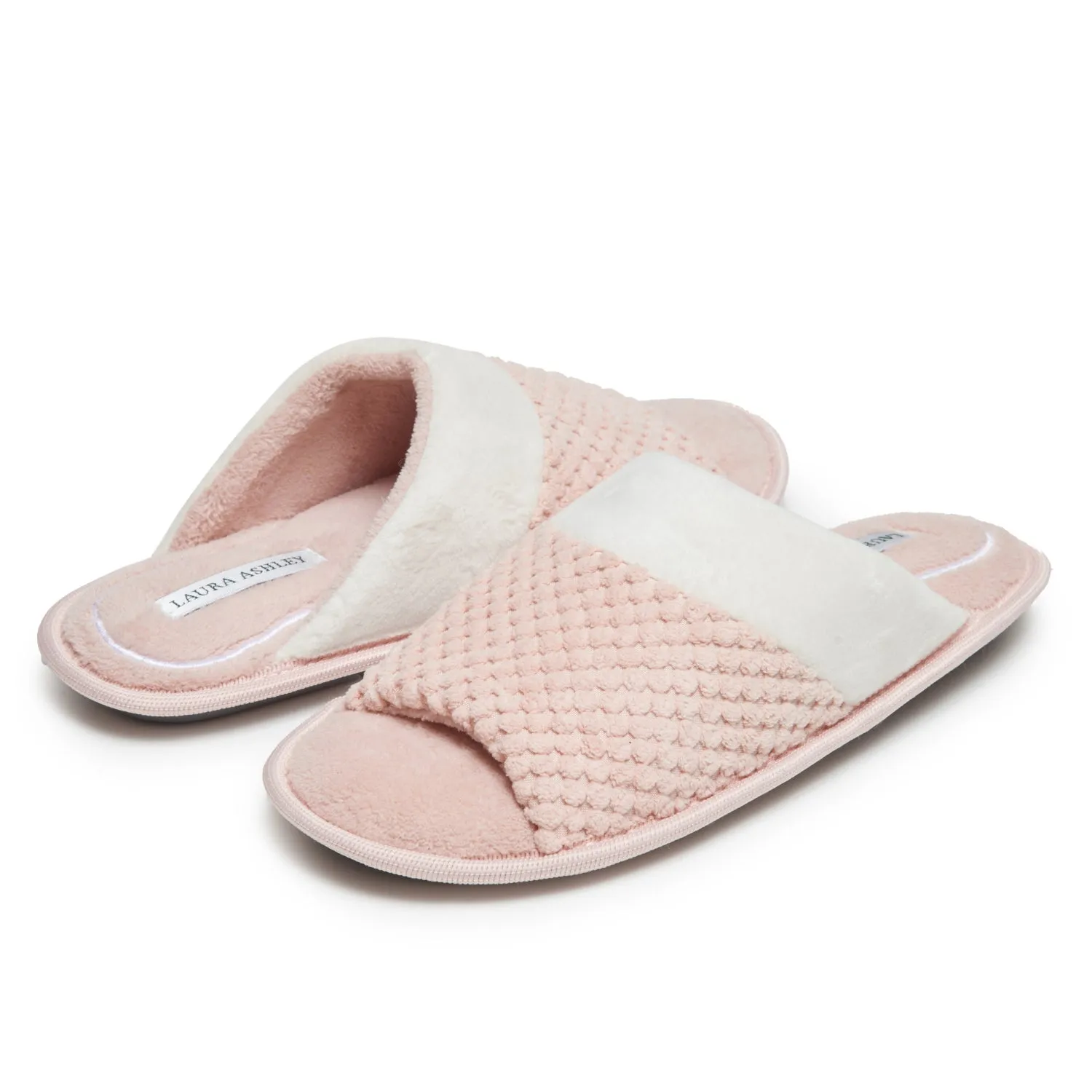 Laura Ashley Spa Texture Open Toe Plush Fleece House Slippers with Collar and Memory Foam, Ladies Easy Slip on Soft Cozy Warm Indoor Outdoor Use