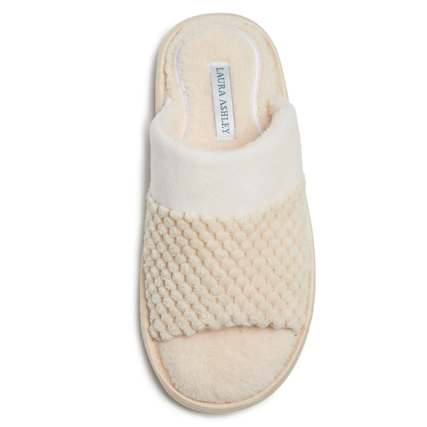 Laura Ashley Spa Texture Open Toe Plush Fleece House Slippers with Collar and Memory Foam, Ladies Easy Slip on Soft Cozy Warm Indoor Outdoor Use