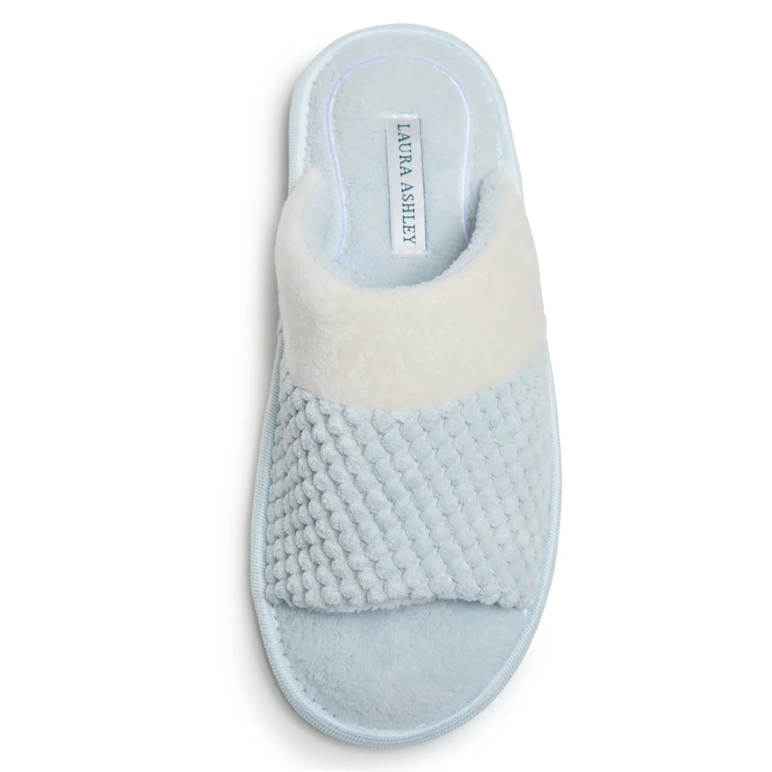Laura Ashley Spa Texture Open Toe Plush Fleece House Slippers with Collar and Memory Foam, Ladies Easy Slip on Soft Cozy Warm Indoor Outdoor Use