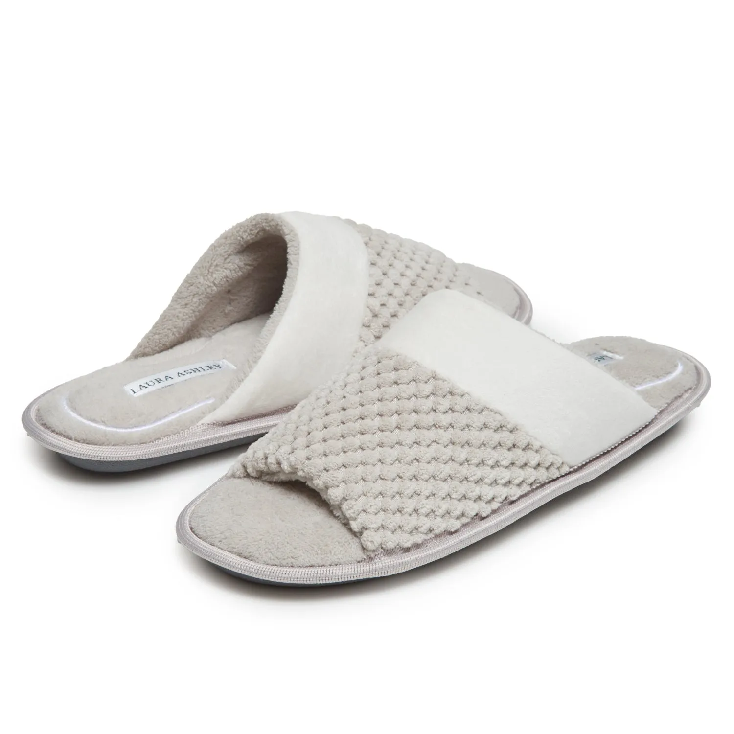 Laura Ashley Spa Texture Open Toe Plush Fleece House Slippers with Collar and Memory Foam, Ladies Easy Slip on Soft Cozy Warm Indoor Outdoor Use