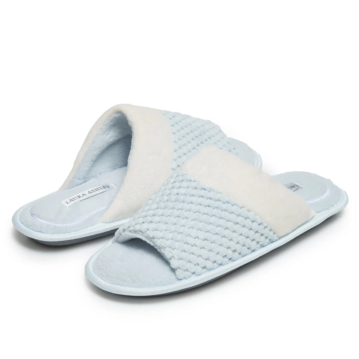 Laura Ashley Spa Texture Open Toe Plush Fleece House Slippers with Collar and Memory Foam, Ladies Easy Slip on Soft Cozy Warm Indoor Outdoor Use