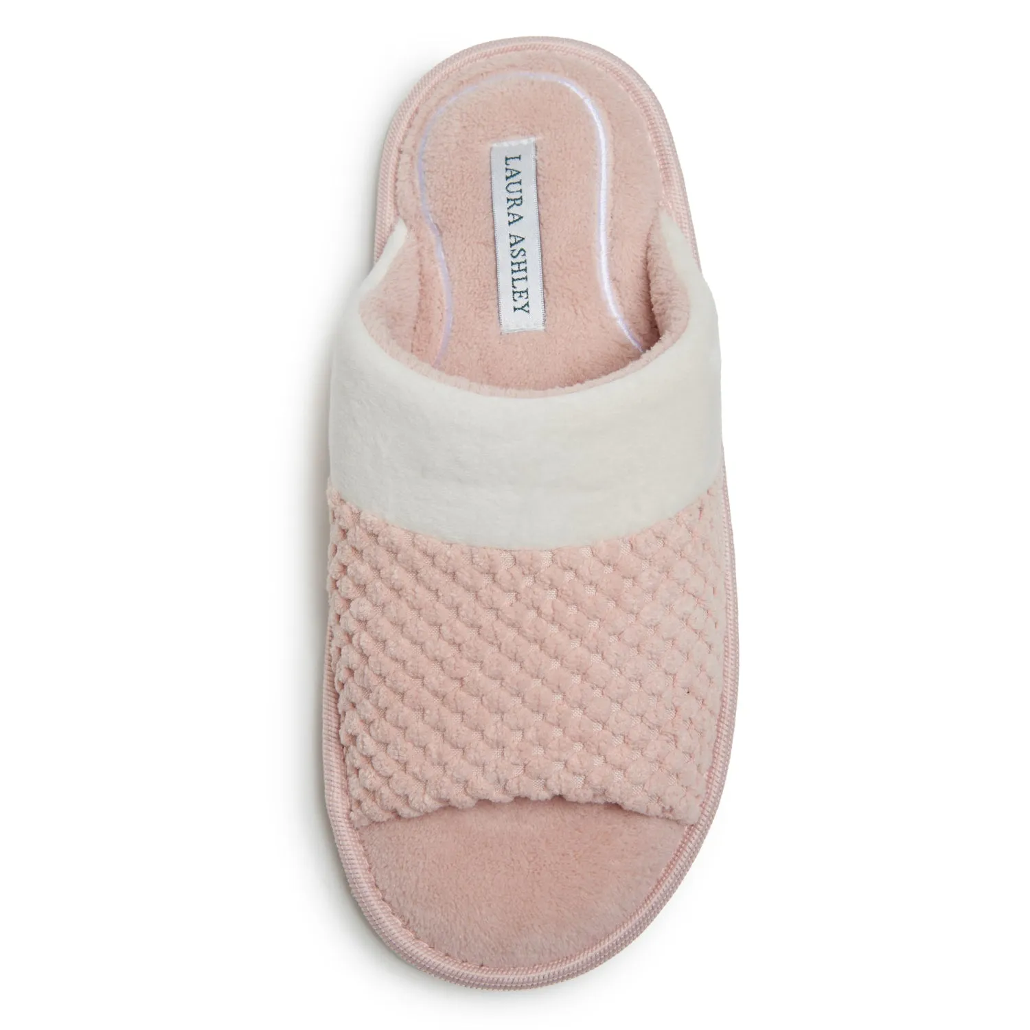 Laura Ashley Spa Texture Open Toe Plush Fleece House Slippers with Collar and Memory Foam, Ladies Easy Slip on Soft Cozy Warm Indoor Outdoor Use