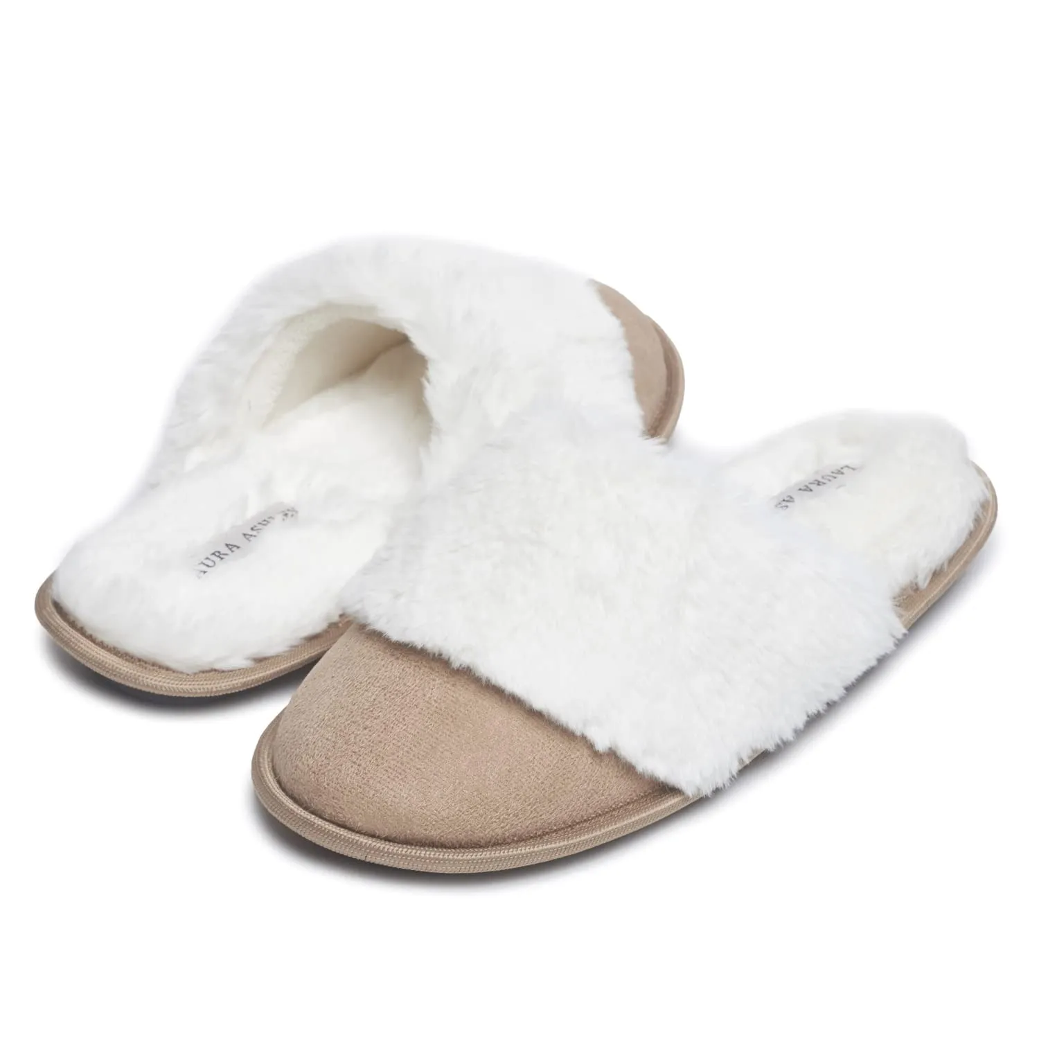 Laura Ashley Womens Plush Micro Suede Memory Foam Scuff Slippers, Wide Faux Fur Collar Slide On Bedroom Slipper House Shoes