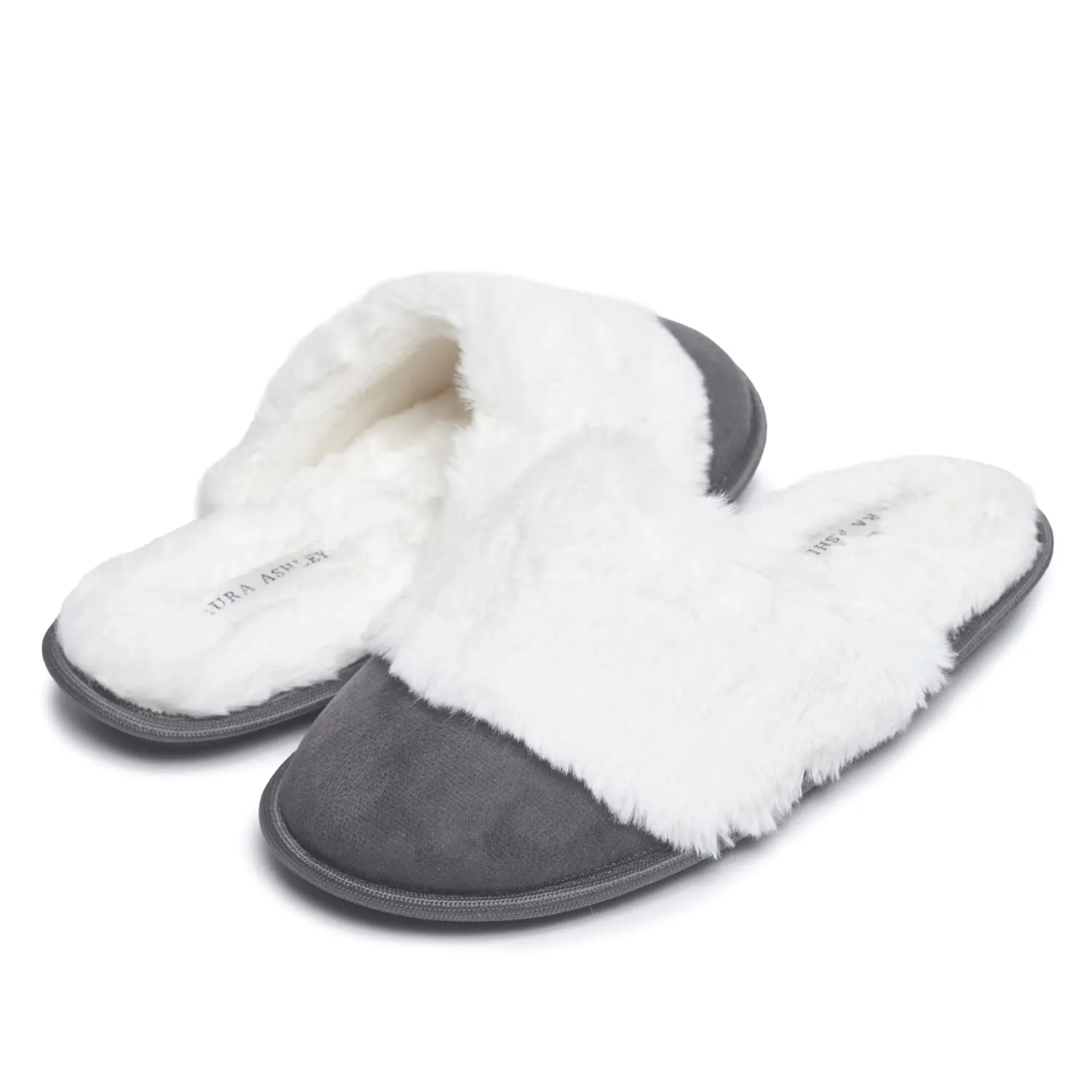 Laura Ashley Womens Plush Micro Suede Memory Foam Scuff Slippers, Wide Faux Fur Collar Slide On Bedroom Slipper House Shoes