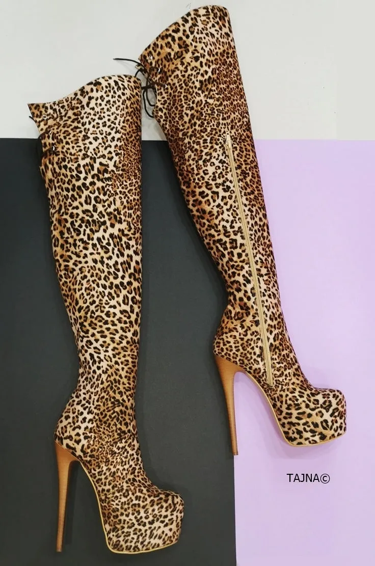 Leopard Over the Knee High Heel Boots