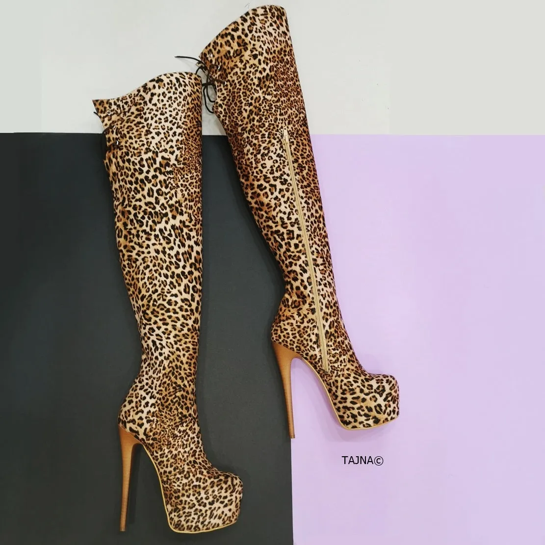 Leopard Over the Knee High Heel Boots