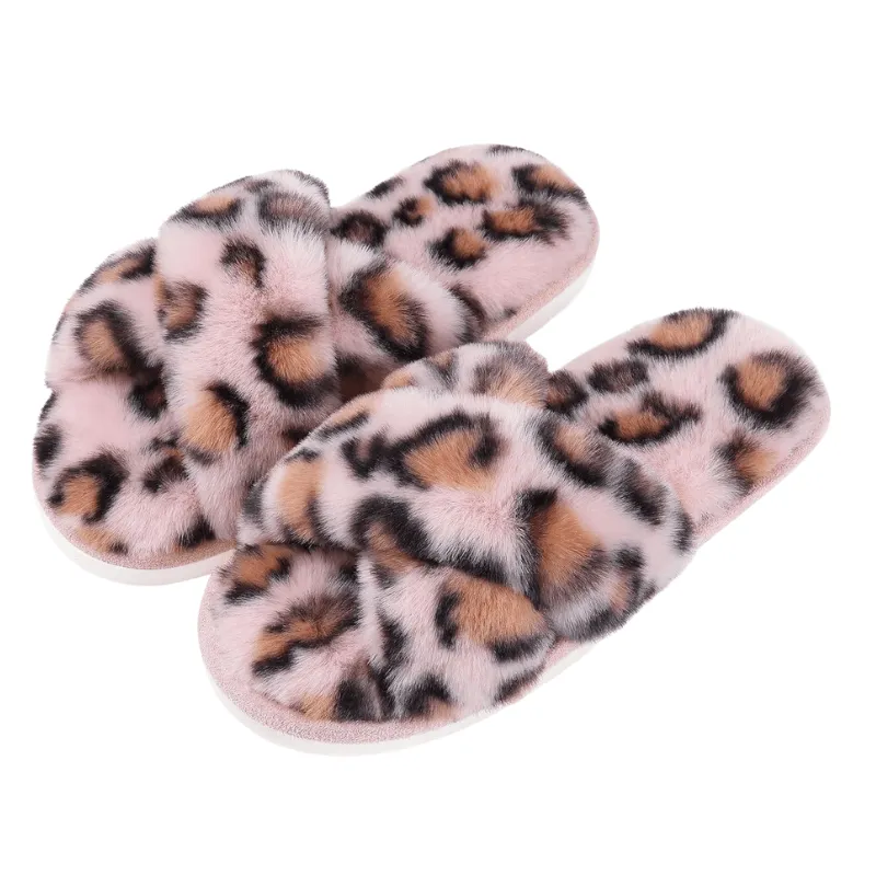 Leopard Print Crossband Slippers – Open Toe with Plush Comfort