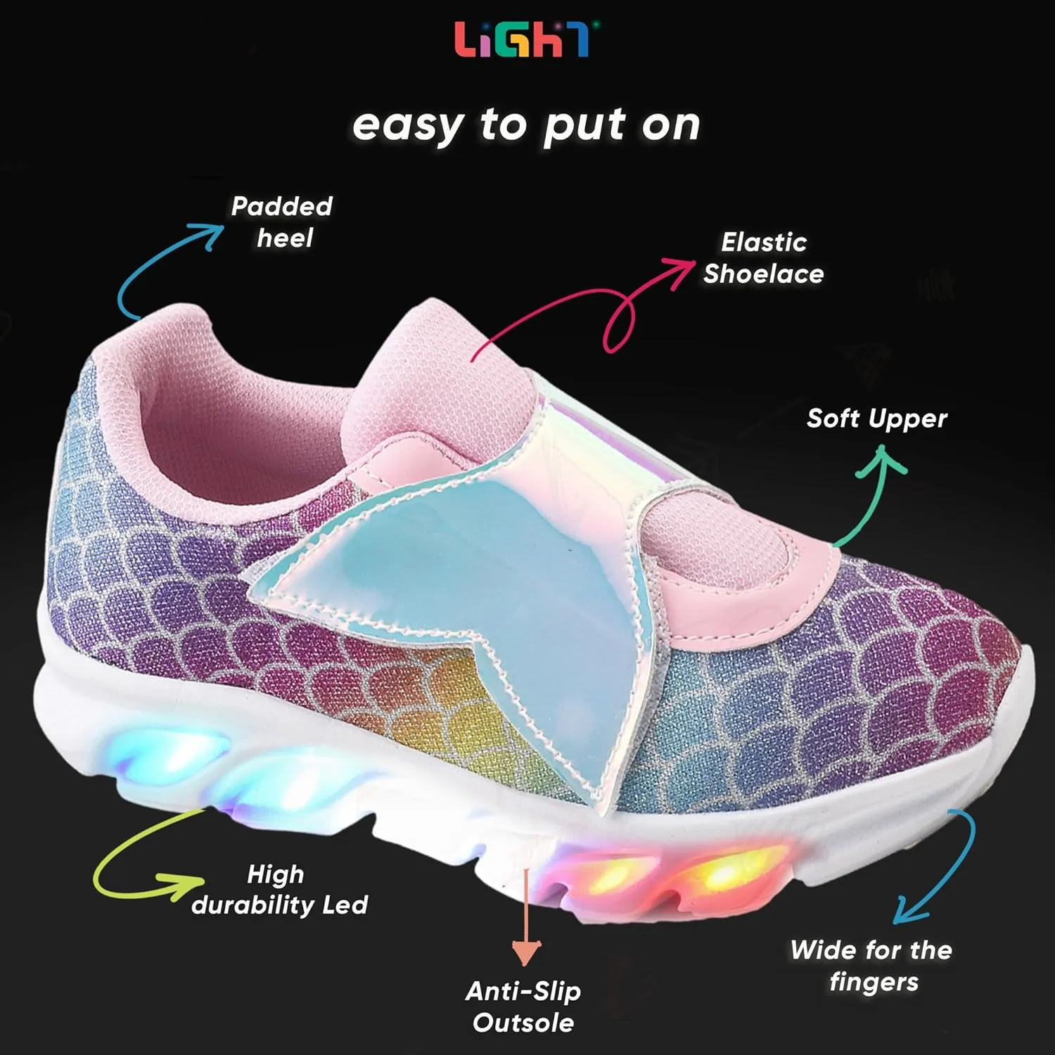 Light - Light Up Toddler Shoes Mermaid Character - LED Toddler Tennis Shoes Girl, Easy to Put On, Kids Sneakers Girls, Laceless
