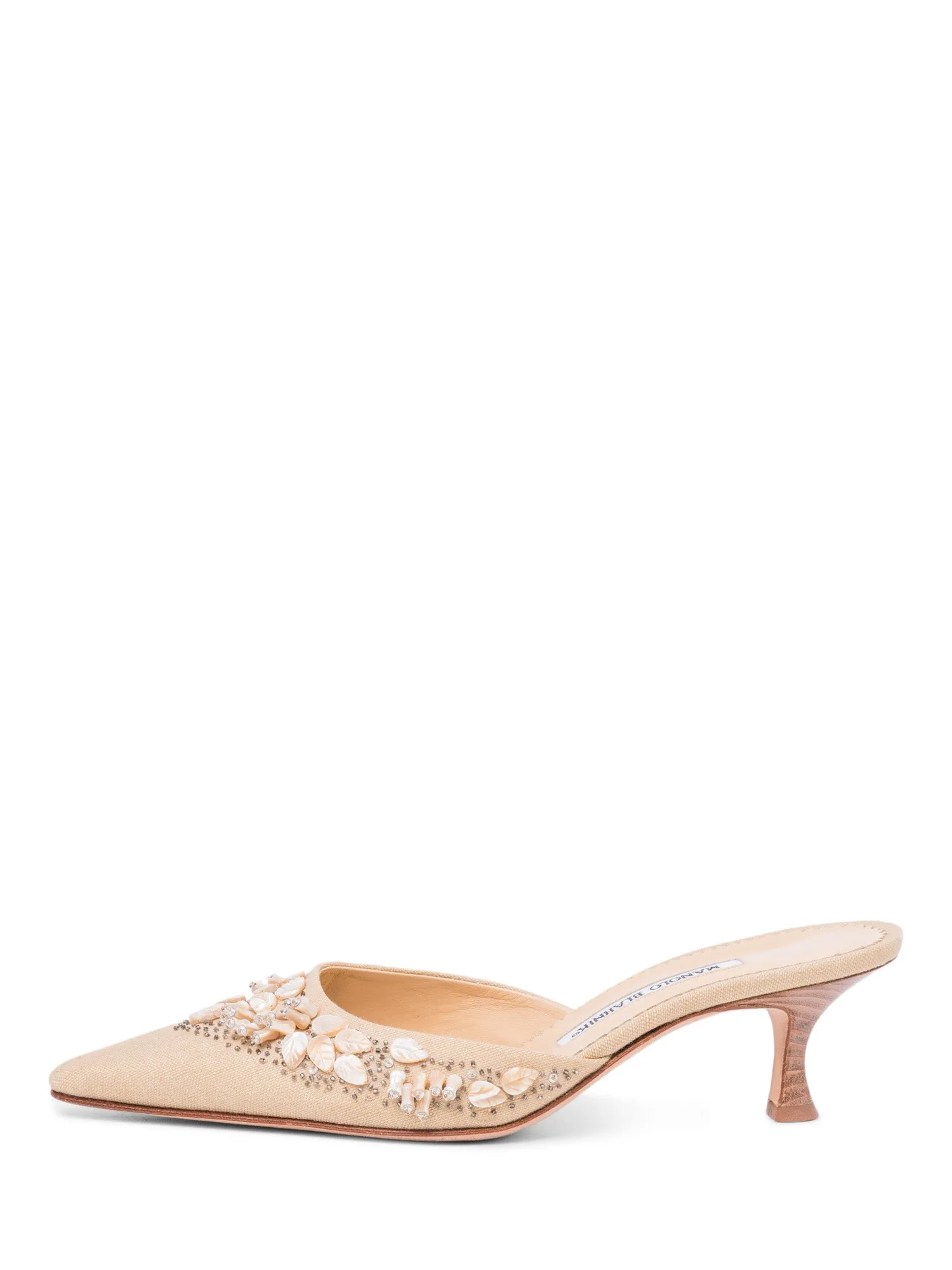 Manolo Blahnik Canvas Mother of Pearl Slingback Heels Ivory