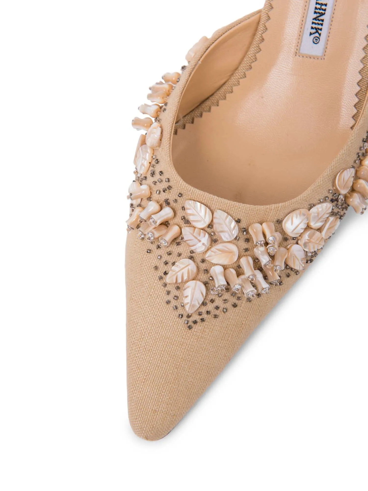 Manolo Blahnik Canvas Mother of Pearl Slingback Heels Ivory