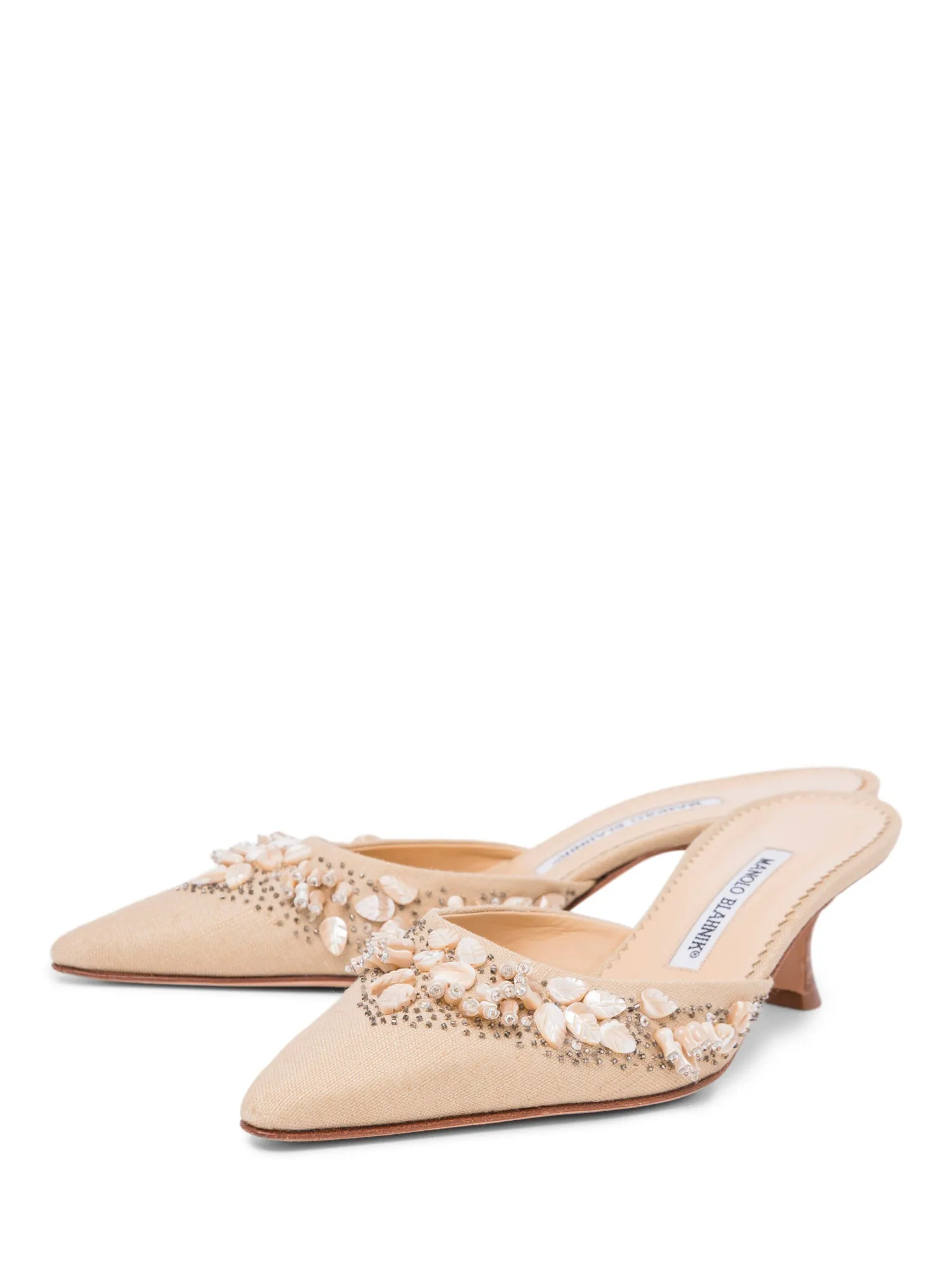 Manolo Blahnik Canvas Mother of Pearl Slingback Heels Ivory