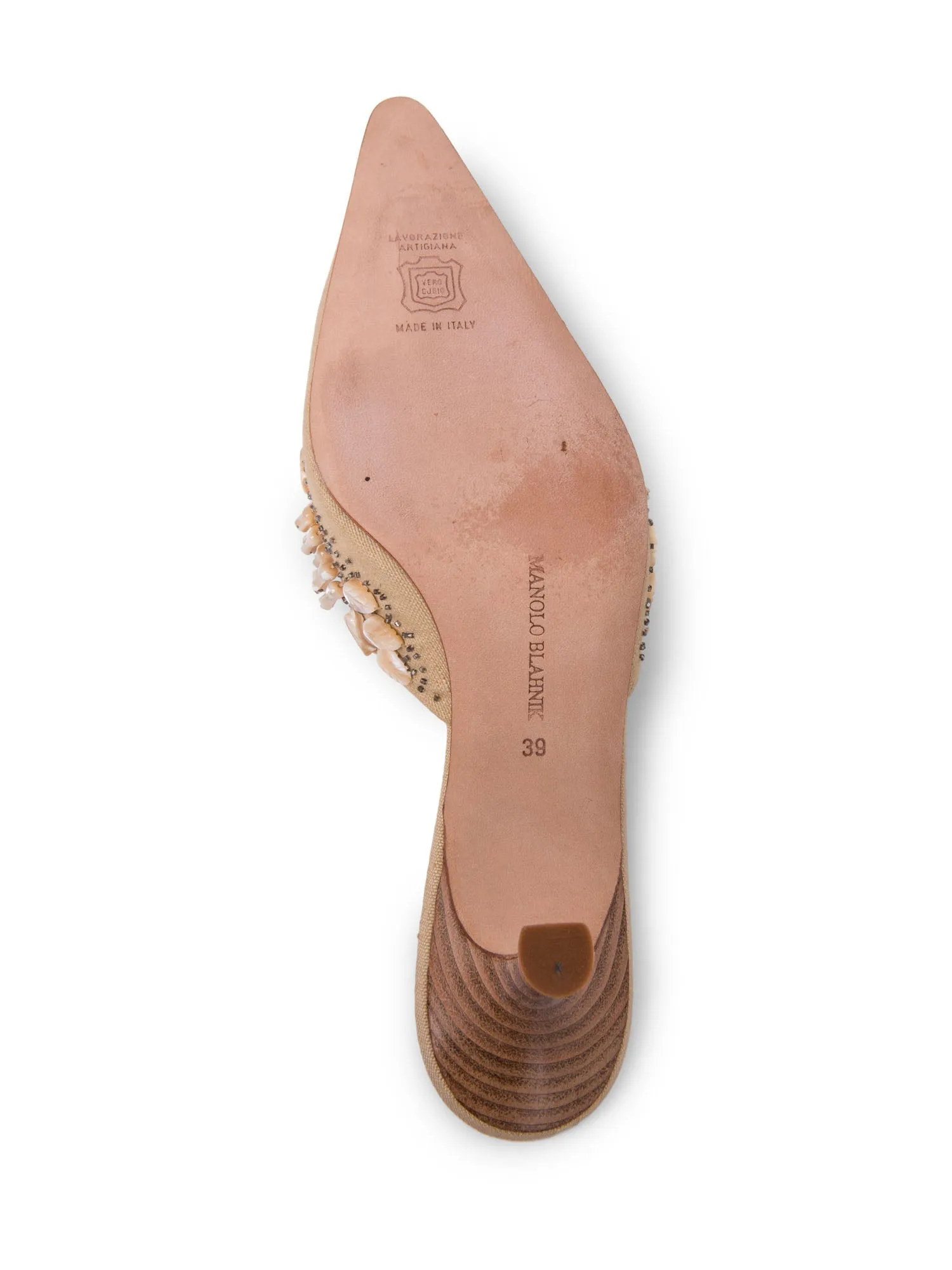 Manolo Blahnik Canvas Mother of Pearl Slingback Heels Ivory