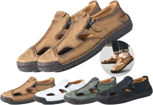 Men's Breathable Closed-Toe Leather Fisherman Sandals | Slip-On Comfort for Summer Outdoor Activities | Hand-Sewn with Side Zipper for Easy Wear | Perfect for Driving and Walking