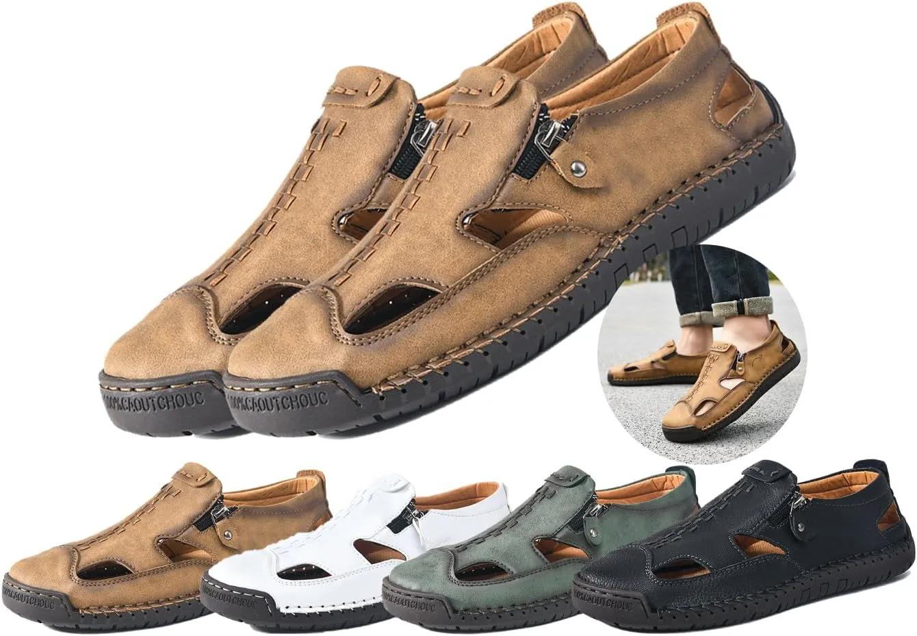 Men's Breathable Closed-Toe Leather Fisherman Sandals | Slip-On Comfort for Summer Outdoor Activities | Hand-Sewn with Side Zipper for Easy Wear | Perfect for Driving and Walking