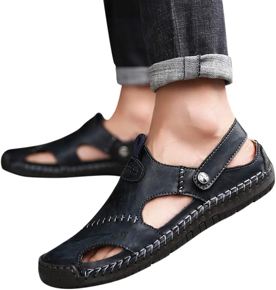 Mens Closed Toe Sandals Comfortable Durable Hollow Athletic Dual Use Strap Leather Roman Slip-On Walking Beach Slides