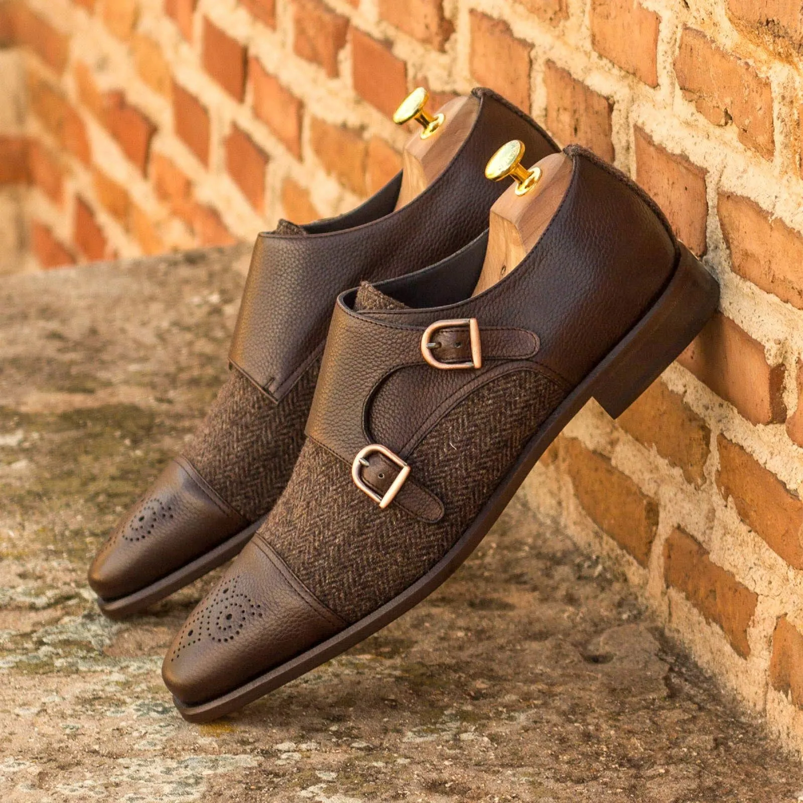 Men's Double Monk Leather Shoes Wide Plus Size Brown Dark Brown 3095