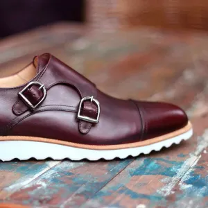 Men's Double Monk Leather Shoes Wide Plus Size Burgundy 1488