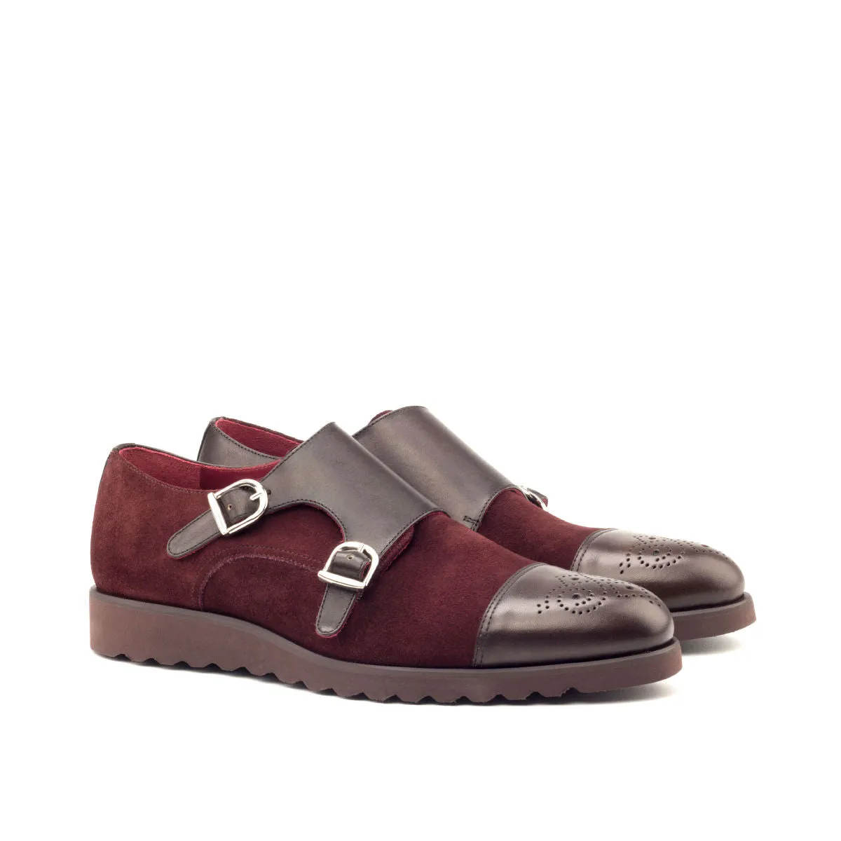 Men's Double Monk Leather Shoes Wide Plus Size Burgundy Dark Brown 2681