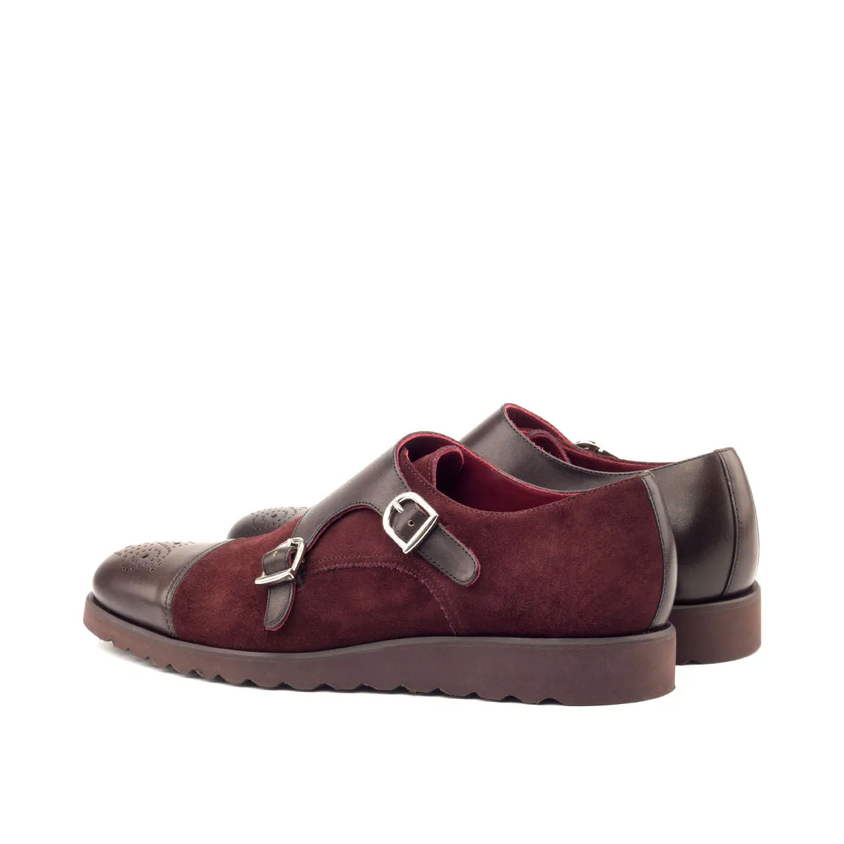 Men's Double Monk Leather Shoes Wide Plus Size Burgundy Dark Brown 2681