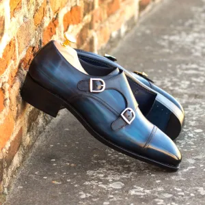 Men's Double Monk Shoes Patina Leather Goodyear Welt Wide Plus Size Blue 4702