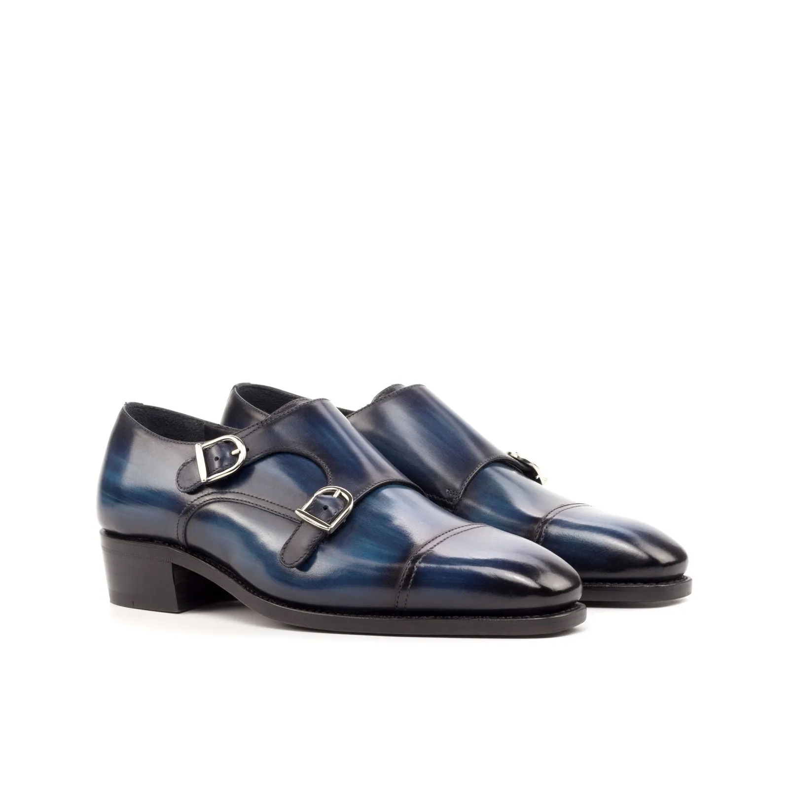 Men's Double Monk Shoes Patina Leather Goodyear Welt Wide Plus Size Blue 4702