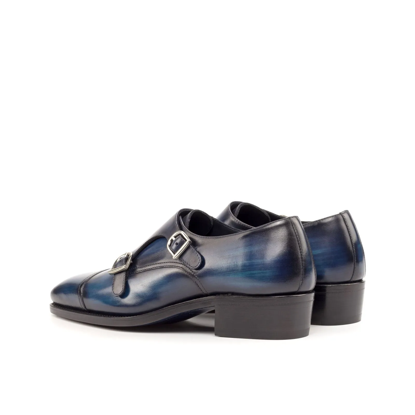 Men's Double Monk Shoes Patina Leather Goodyear Welt Wide Plus Size Blue 4702