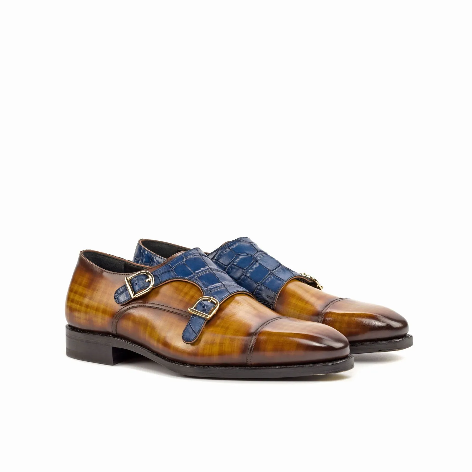 Men's Double Monk Shoes Patina Leather Goodyear Welt Wide Plus Size Brown Navy 4669