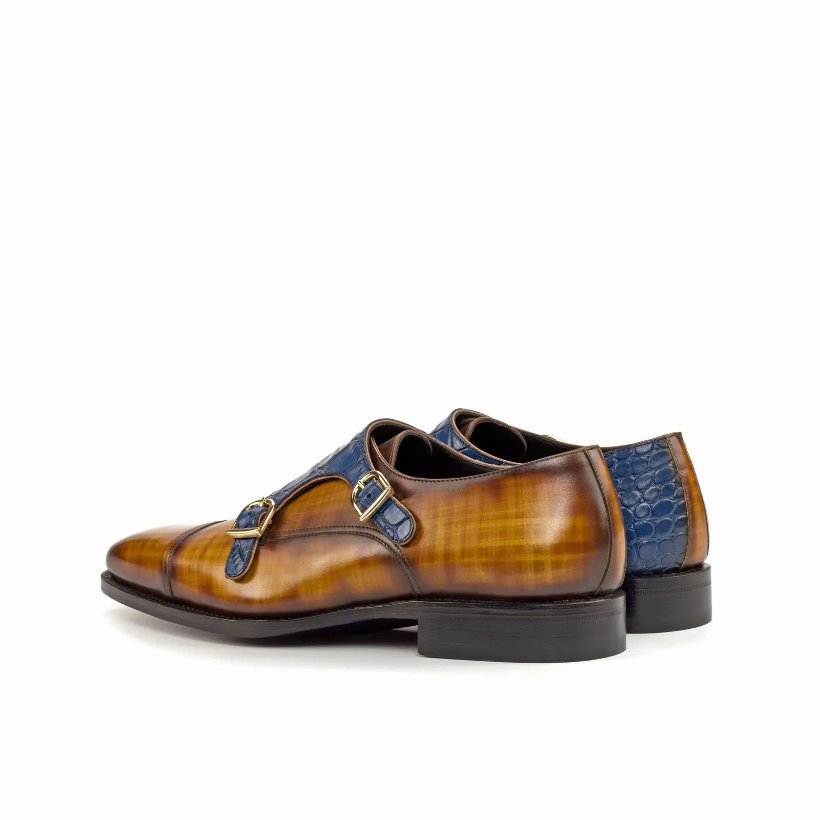 Men's Double Monk Shoes Patina Leather Goodyear Welt Wide Plus Size Brown Navy 4669