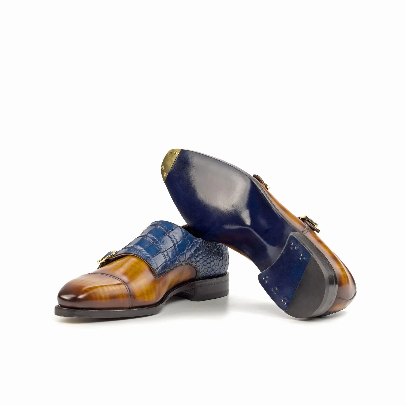 Men's Double Monk Shoes Patina Leather Goodyear Welt Wide Plus Size Brown Navy 4669