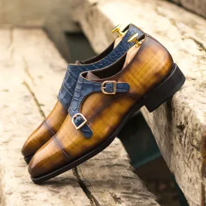 Men's Double Monk Shoes Patina Leather Goodyear Welt Wide Plus Size Brown Navy 4669