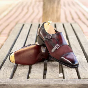 Men's Double Monk Shoes Patina Leather Goodyear Welt Wide Plus Size Burgundy 5609