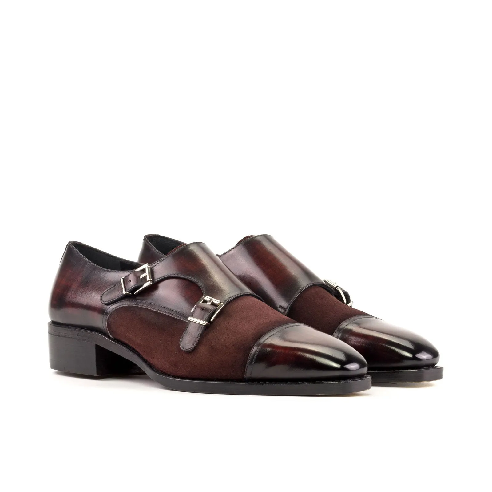 Men's Double Monk Shoes Patina Leather Goodyear Welt Wide Plus Size Burgundy 5609