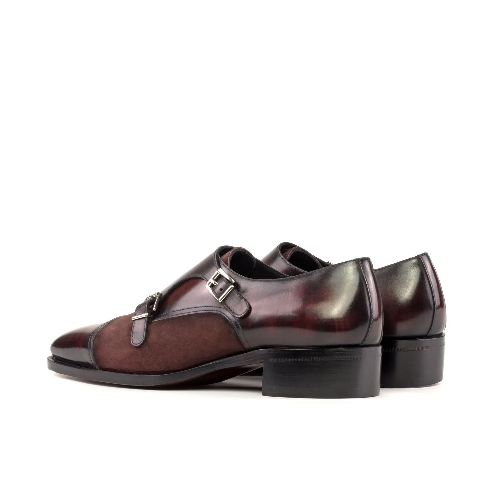 Men's Double Monk Shoes Patina Leather Goodyear Welt Wide Plus Size Burgundy 5609