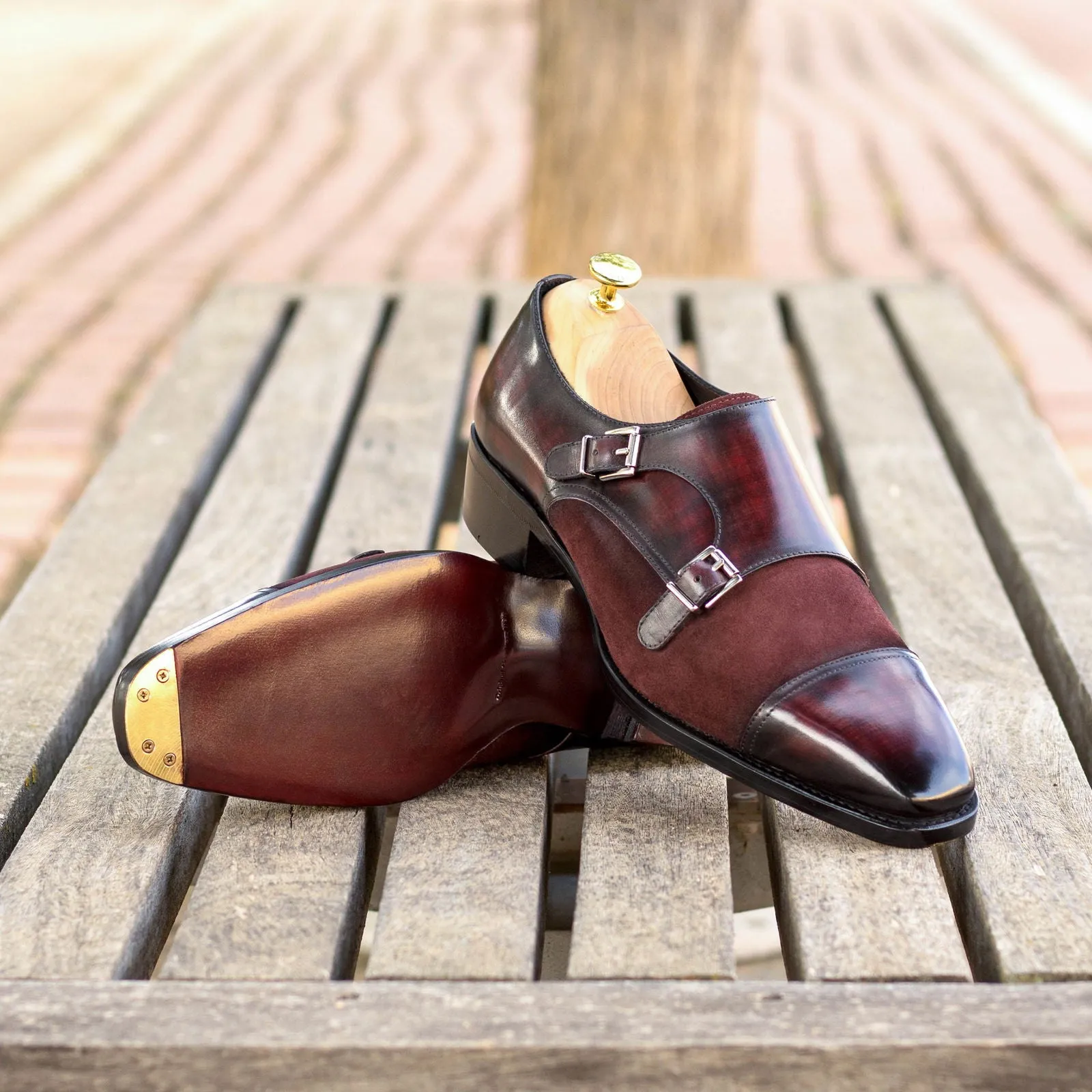 Men's Double Monk Shoes Patina Leather Goodyear Welt Wide Plus Size Burgundy 5609
