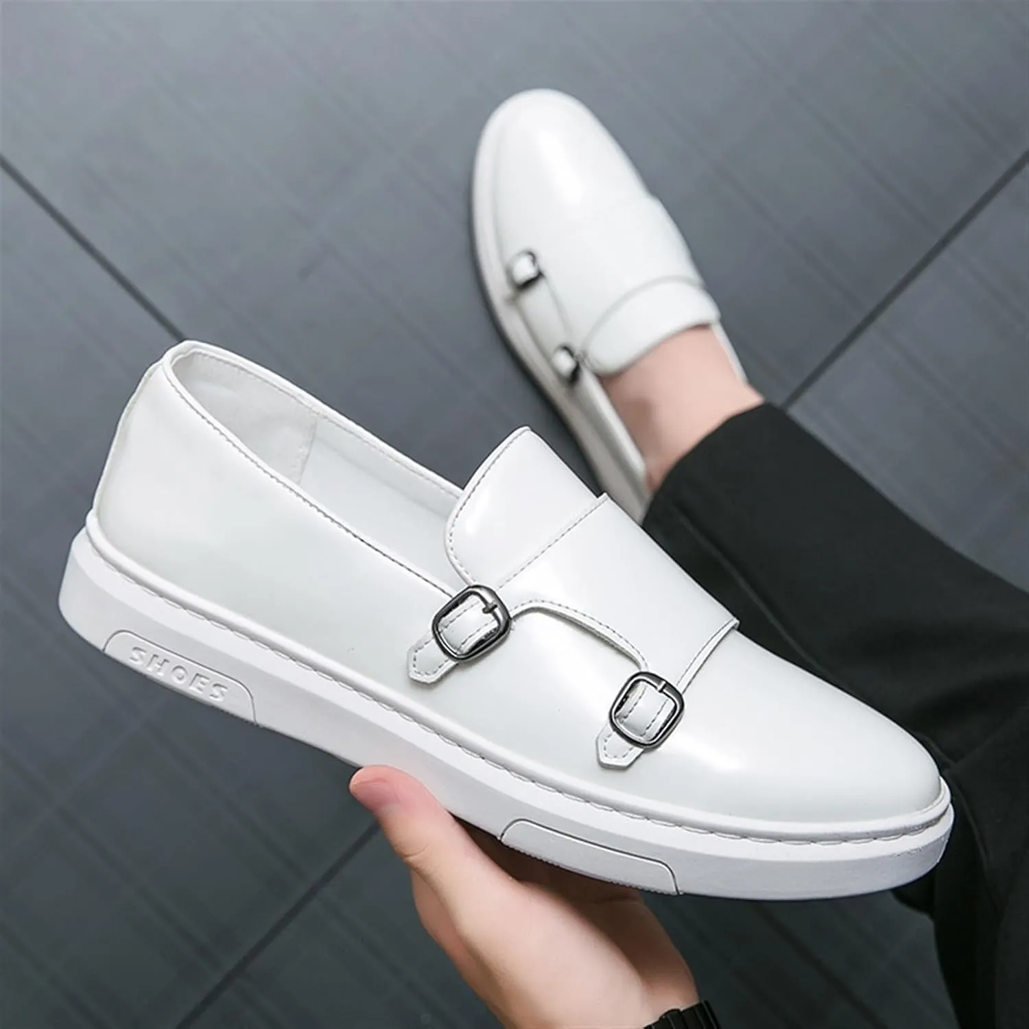 Mens Double Strap Slip On Patent Leather Loafers Casual Comfortable Shoes Flat Dress Business Casual Walking Shoes Comfort Penny Loafers Sneakers Dress Shoes