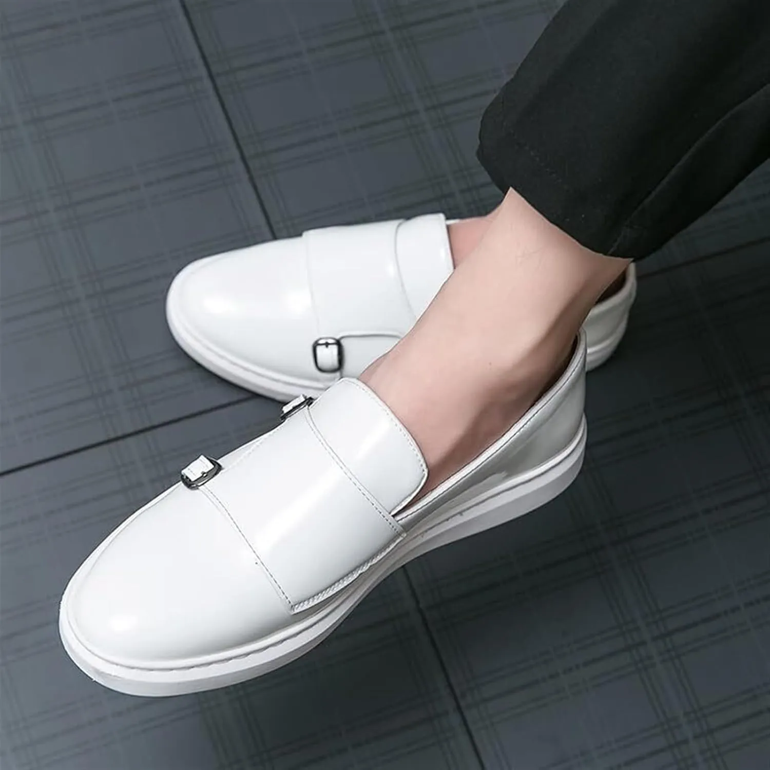 Mens Double Strap Slip On Patent Leather Loafers Casual Comfortable Shoes Flat Dress Business Casual Walking Shoes Comfort Penny Loafers Sneakers Dress Shoes