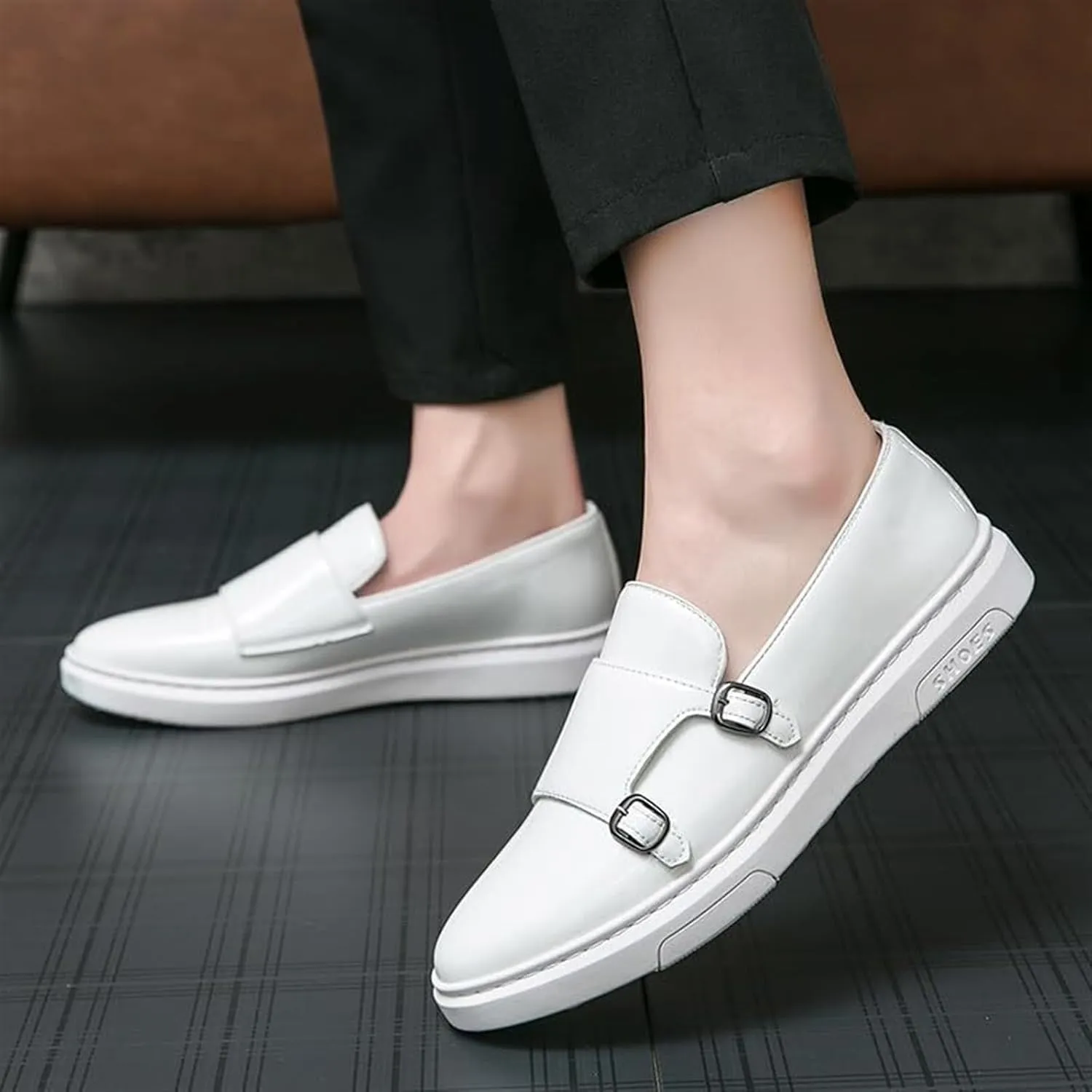 Mens Double Strap Slip On Patent Leather Loafers Casual Comfortable Shoes Flat Dress Business Casual Walking Shoes Comfort Penny Loafers Sneakers Dress Shoes