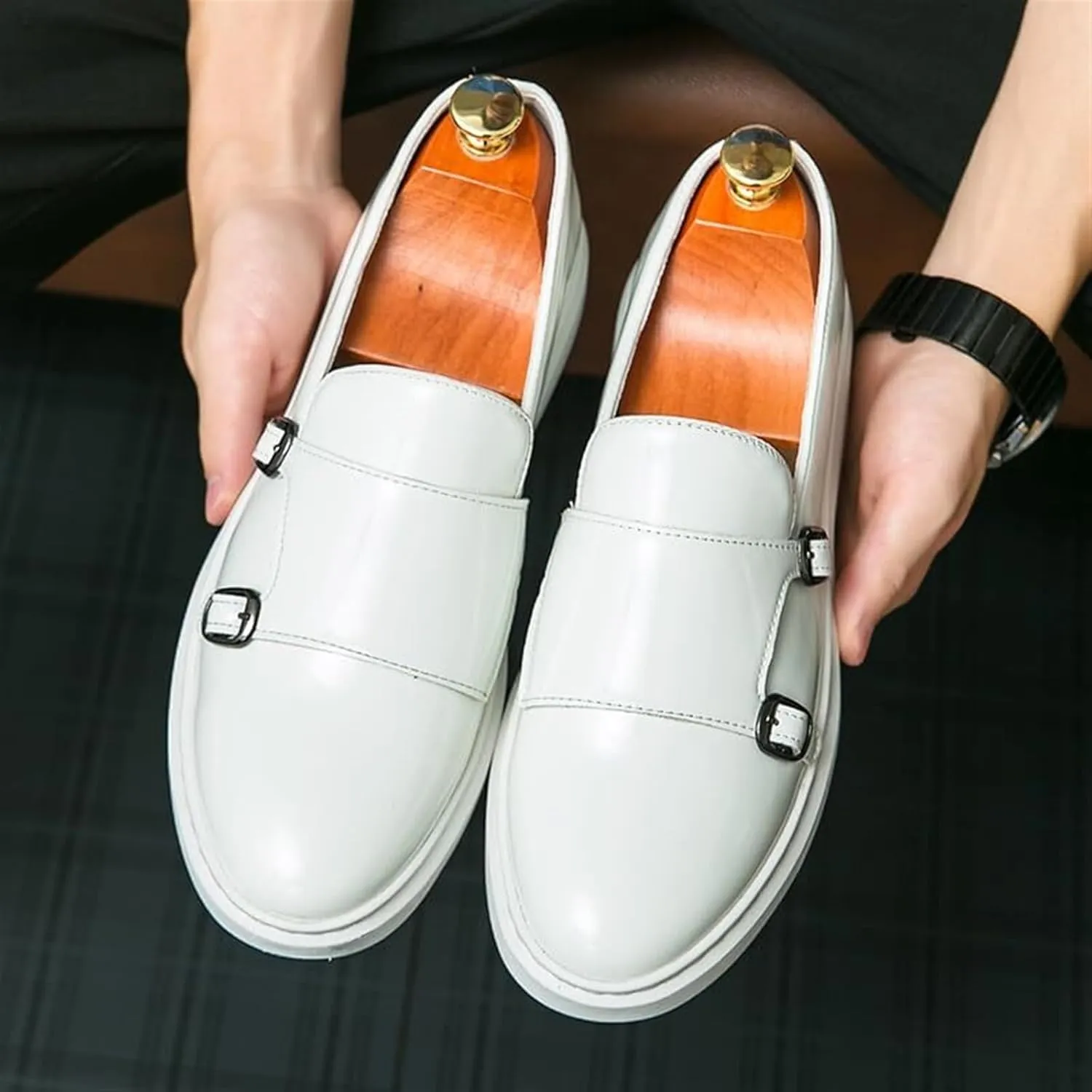 Mens Double Strap Slip On Patent Leather Loafers Casual Comfortable Shoes Flat Dress Business Casual Walking Shoes Comfort Penny Loafers Sneakers Dress Shoes