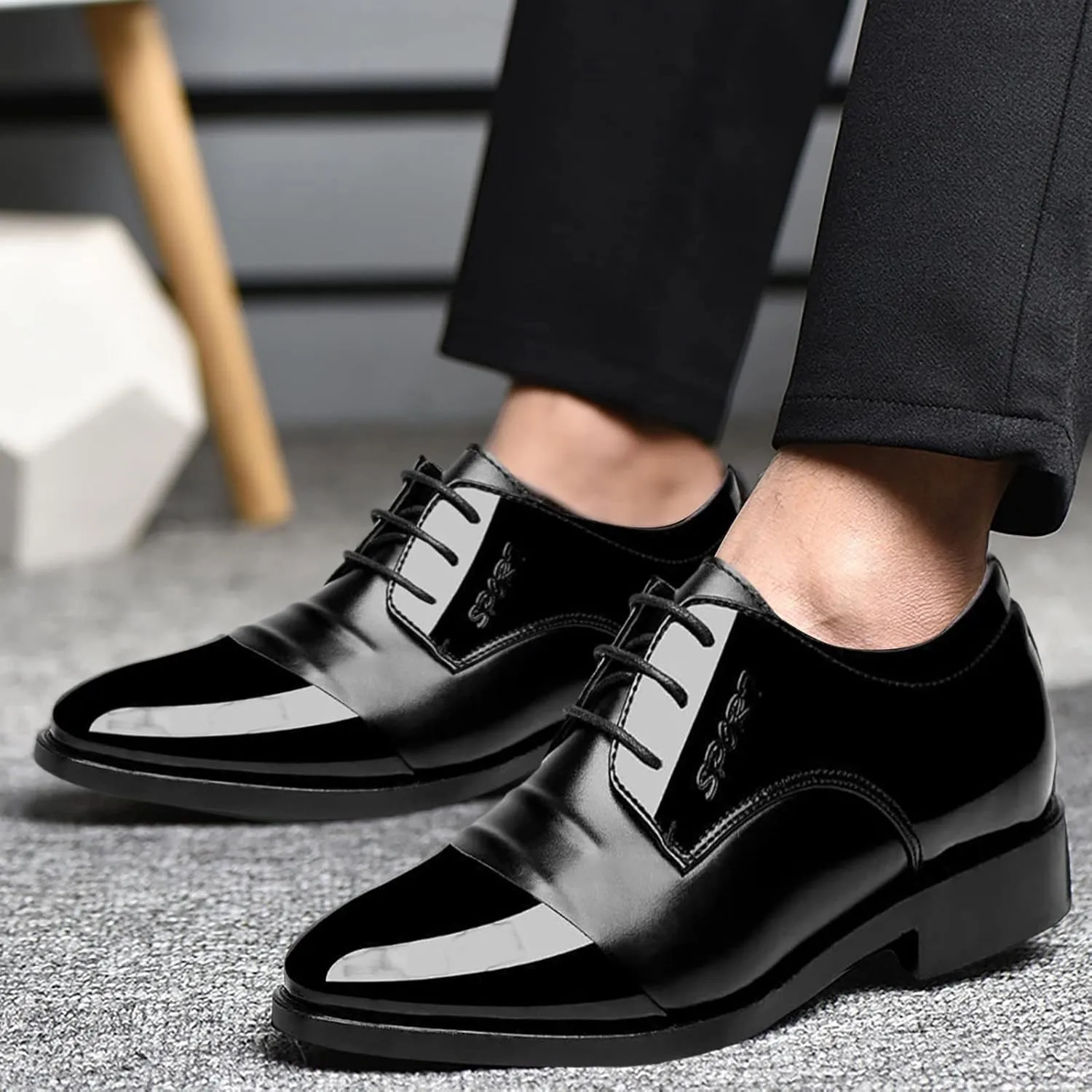 Mens Elegant Derby Patente Cap Toe Derby for Men Comfortable Leather Dress Shoes with Low Heel Mens Supple Business Formal Shoes Casual Lace up Waterproof Daily Footwear