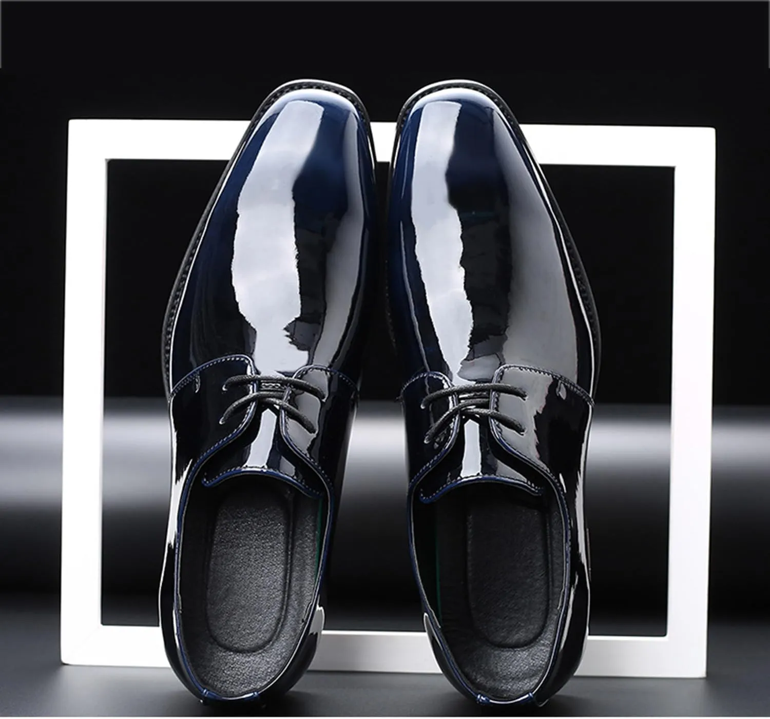 Mens Fashion Patent Leather Shoes Lace Up Formal Business Derby Shoes Wingtip Shiny Flat Formal Dress Shoes