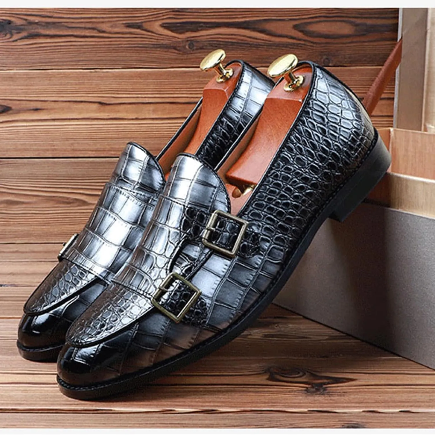 Mens Faux Patent Leather Loafers Monk Strap Formal Oxford Tuxedo Dress Shoes Men Wedding Shoe