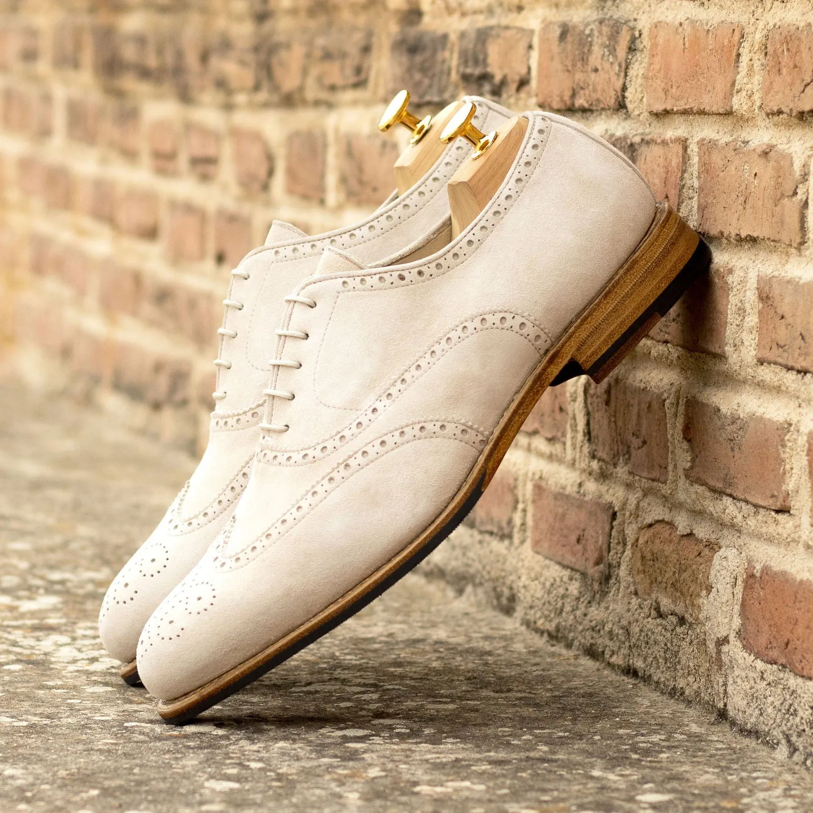 Men's Full Brogue Leather Shoes Goodyear Welt Wide Plus Size White 5642